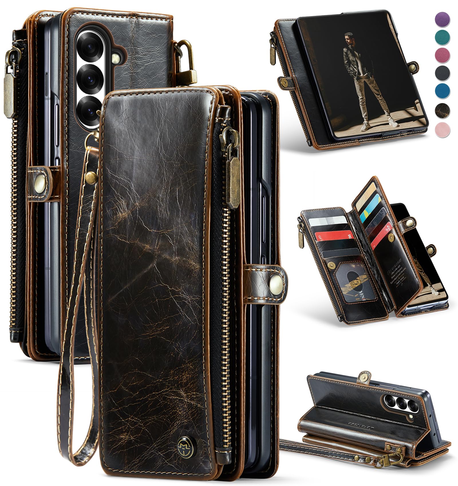 Photo 1 of Defencase for Samsung Galaxy Z Fold 7/ Fold7 Wallet Case with RFID Blocking 10-Card Holder, Fashion Soft PU Leather Magnetic Snap Flip Zipper Wrist Strap Phone Case for Galaxy Z Fold 7 5G, Coffee