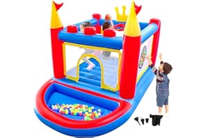 WELLFUNTIME Inflatable Bounce House with Blower, PVC Bouncer for Kids Ages 3-8, Indoor and Outdoor Bouncy Playhouse, Jumping Castle with Pump, Ball Pit, Ringtoss and Target Game, Bouncer for 3 Kids