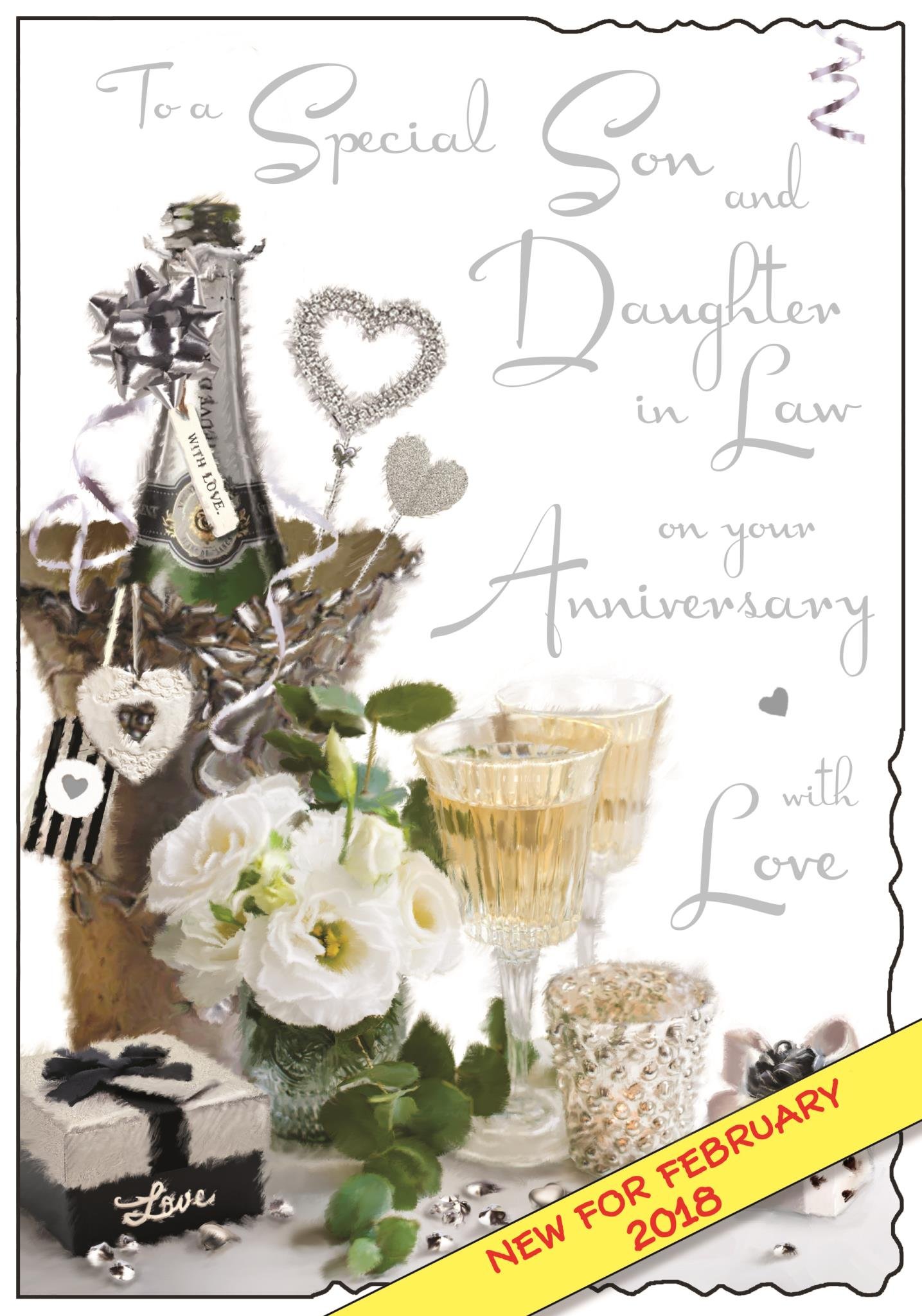 Illustrated Son & Daughter-In-Law Anniversary Card - (JJ9257) - Son & Daughter-In-Law With Love Anniversary - From The Velvet Range - Embossed With A Silver Foil & Flitter Finish