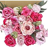 Fuschia Silk Artificial Flowers Combo Box Set Hot Pink Roses Flowers Dahlia DIY Bridal Wedding Bouquets Cake Fake Floral with Stems Arrangements Baby Shower Party Table Centerpieces Home Decor