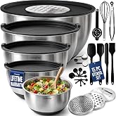 28pc Stainless Steel Mixing Bowls with Lids Set, 1.5-5 Qt, Black | 5 Non-Slip Bowls with Measurement Marks, 5 Airtight Lids,