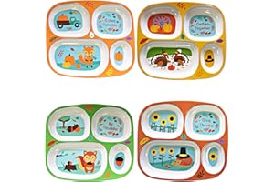 4E's Novelty Set of 4 Fall Thanksgiving Melamine Dinnerware Sets for Kids – Autumn Sectioned Toddler Plates With Dividers, BPA-Free Reusable Dishwasher Safe
