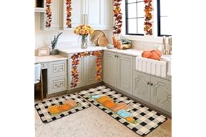 KUKLI KITCHEN Buffalo Plaid Pumpkin Fall Decorative Kitchen Rugs Set of 2,Non Skid Washable, Home Seasonal Fall Holiday Party Autumn Harvest Thanksgiving Kitchen Mat 17"x47"+17"x30"