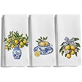 LUKIPOM Lemon Kitchen Towels Set of 3, Blue and White Chinoiserie Summer Lemon Dish Tea Towels for Kitchen Decor, Chinoiserie Amalfi Coast Decor Hand Towels for Bathroom, 16x24 Inches