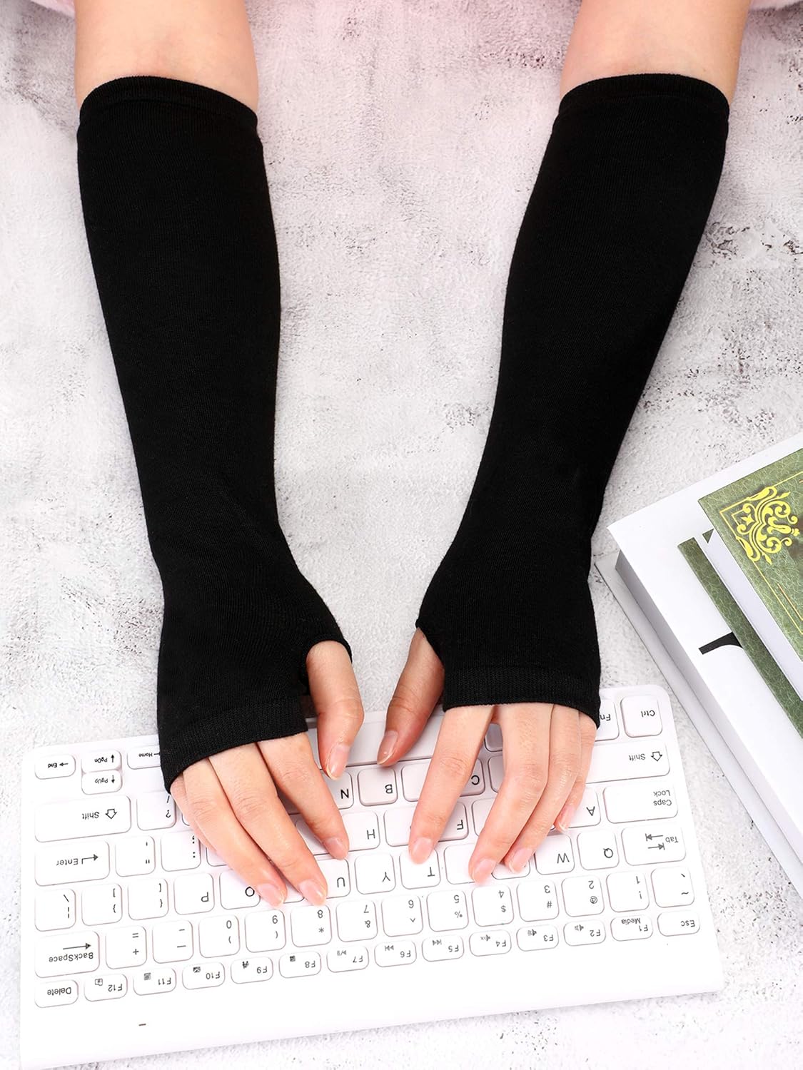 Pangda 4 Pairs Women's Fingerless Mittens Long Knitted Arm Warmers with Thumb Hole Elastic Gloves (Color Set 3): Clothing