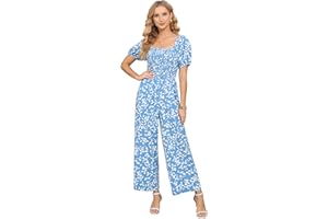 Love Welove Fashion Floral Jumpsuits for Women, casual Loose Romper Short Sleeve Smocked High Waist Wide Leg Pants Outfits