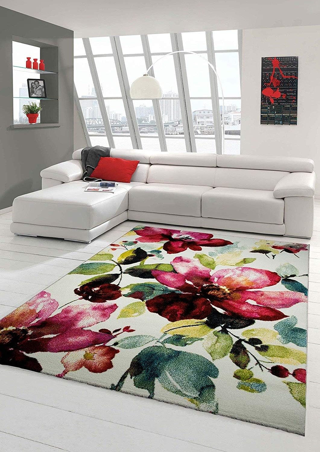 Designer rug Contemporary rug living room carpet floral motif Creme