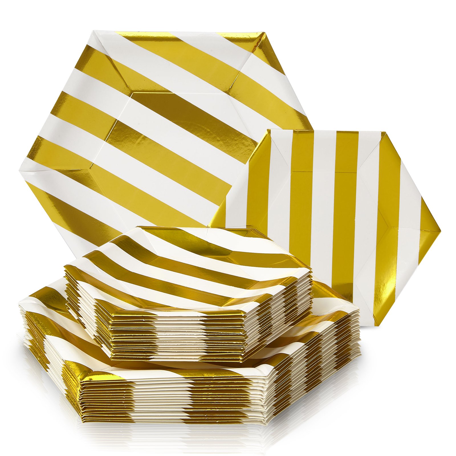 PARTY DISPOSABLE 36 PC DINNERWARE SET | 18 Dinner Plates | 18 Side Plates | Heavy Duty Disposable Paper Plates | Hexagon Design | for Upscale Wedding and Dining (Stripe Collection – White/Gold)