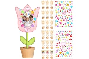 Tellingyou 18 Pcs Mothers Day Crafts Flower Picture Frame Craft Kit Spring Flower Pot DIY Wood Picture Frames with 2 Gems Stickers for Mother's Day Gift Kids(Tulip Shape)
