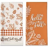 Fall Kitchen Towels, Fall Towels Set of 2, Hello Fall Pumpkins Maple Leaves Orange Plaid Hand Dish Tea Towels for Bathroom Seasonal Thanksgiving Housewarming Gifts Decorations for Home (18x28 Inches)