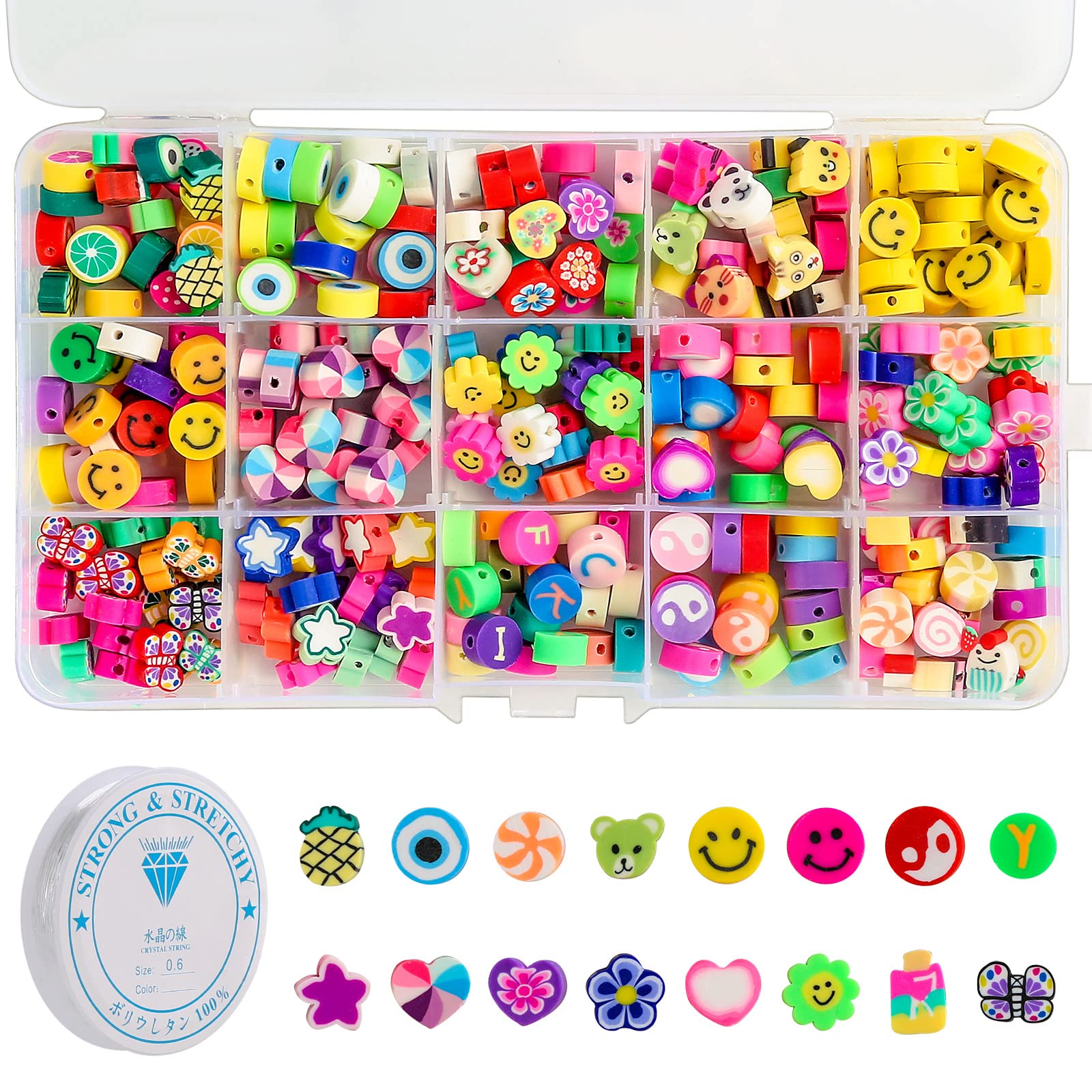 300pcs Fruit Clay Beads for Jewelry Making Smiley Face Beads10mm Cute Flower Bead Bracelet Making Kit Polymer Clay Bead Set for Necklace Bracelet Handmade Supplies