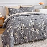 AIKASY Grey Queen Bed in a Bag 7-Pieces, Comforter Set with Sheets,Tree Branches and Flowers Printing Design,Ultra Soft Down Alternative All Season Bedding Set(Queen, Grey)