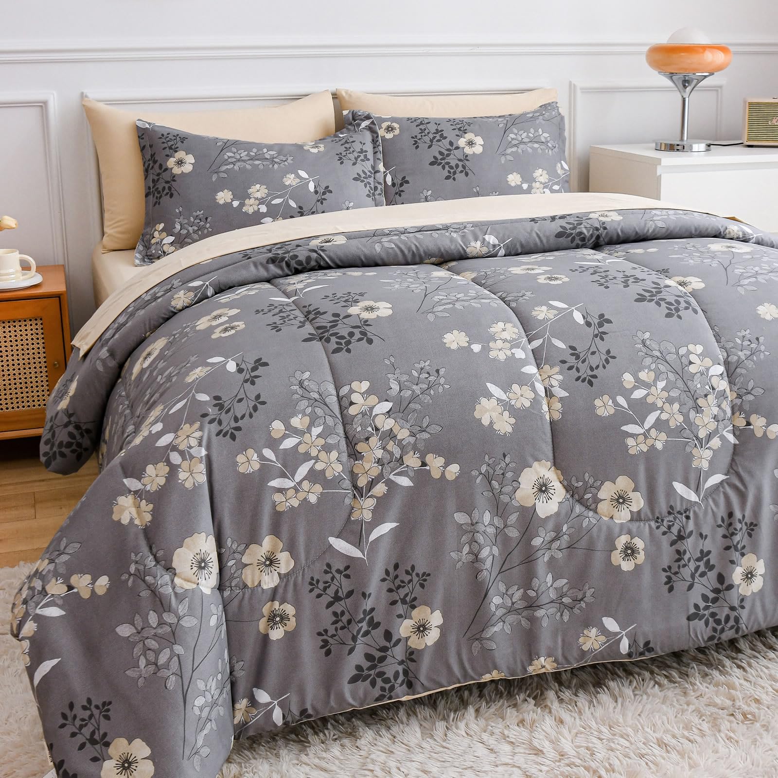 Photo 1 of AIKASY Grey Queen Bed in a Bag 7-Pieces, Comforter Set with Sheets,Tree Branches and Flowers Printing Design,Ultra Soft Down Alternative All Season Bedding Set(Queen, Grey)