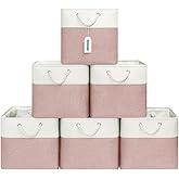 ECDYQXVU 13x13 Inch Cube Storage Bins with Reinforced Bottom Cardboard, 6 Pack Large Foldable Fabric Storage Cubes with Handles for Shelf, Closet, Laundry Organization (White&Pink)