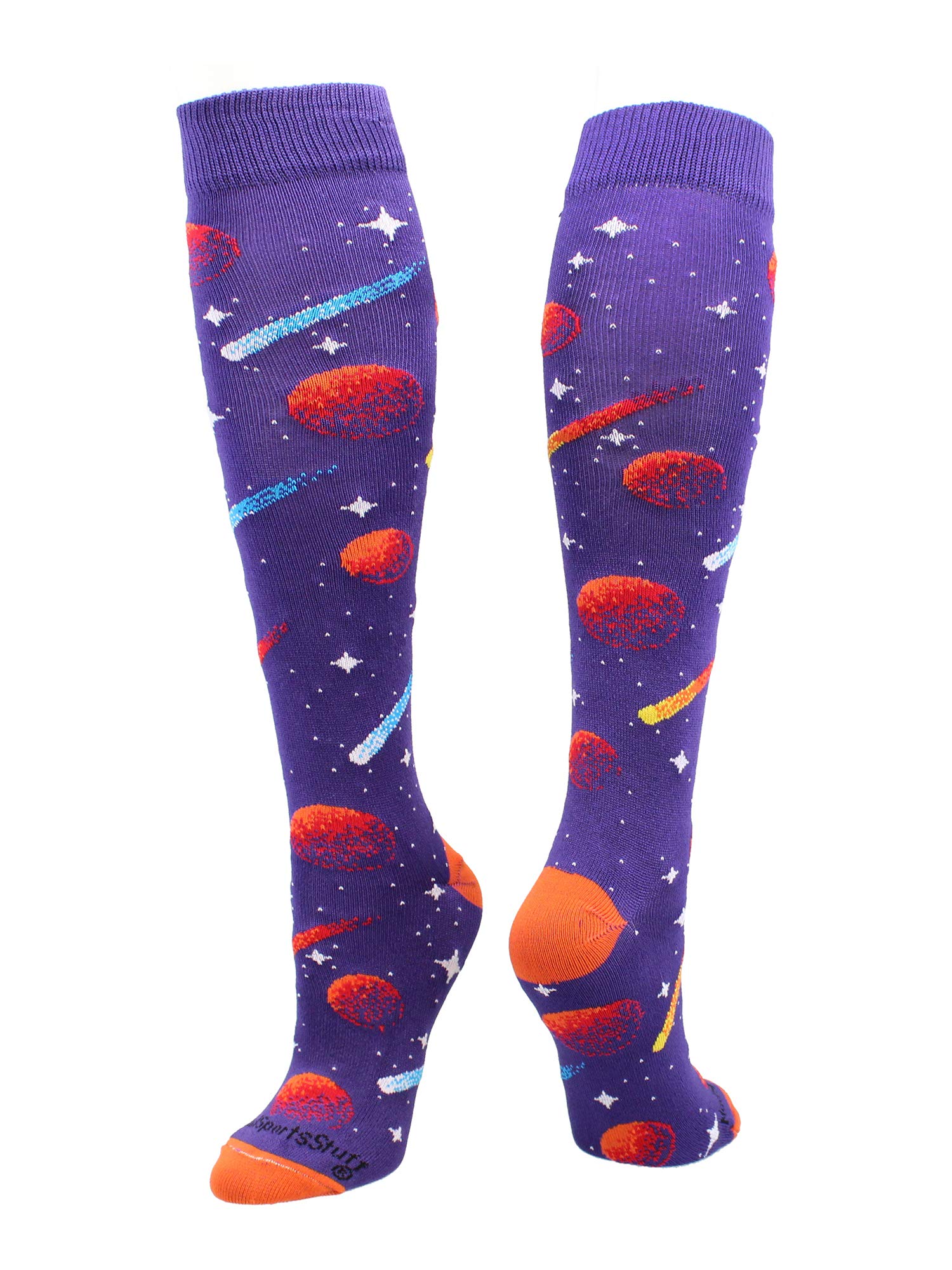 MadSportsStuff Calcetines Outer Space Galaxy sobre la pantorrilla (púrpura/naranja/blanco, grande)