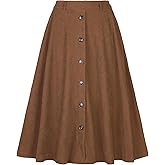 Allegra K Corduroy Skirt for Women Button Front High Waist Vintage Stretch A-Line Flared Casual Midi Skirts with Pockets