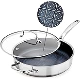 Blue Diamond Hybrid Nonstick Stainless Steel 4QT Saute Pan with Glass Lid, PFAS-Free Ceramic Diamond Bond, Deep Jumbo Skillet, Induction Ready, Dishwasher & Metal Utensil Safe, Stay-Cool Handle