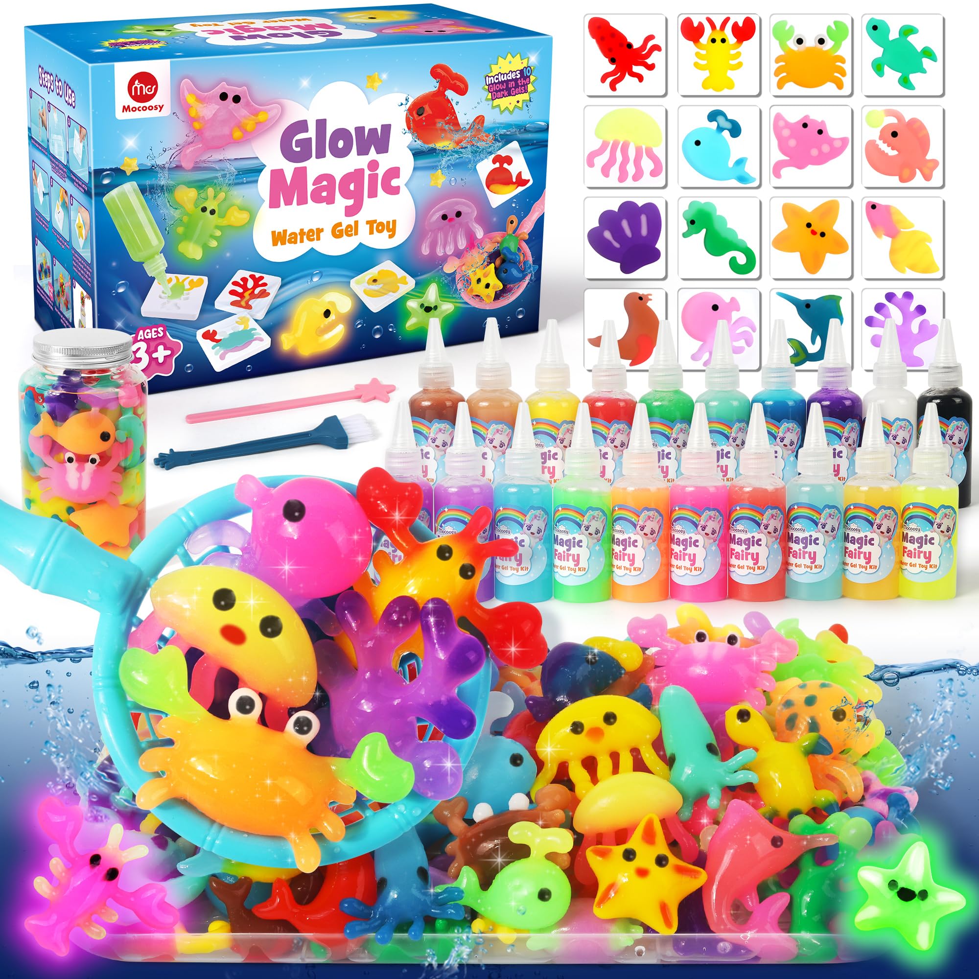 Mocoosy Glow in The Dark Magic Toy Water Elf Kit- Aqua Fairy Water Gel Kit for Kids, 20 Aqua Gelz &16 Molds, Squishy Maker Kit DIY Water Pets Art Craft Educational Toy Easter Gifts for 4 5 6 7 8 Girls