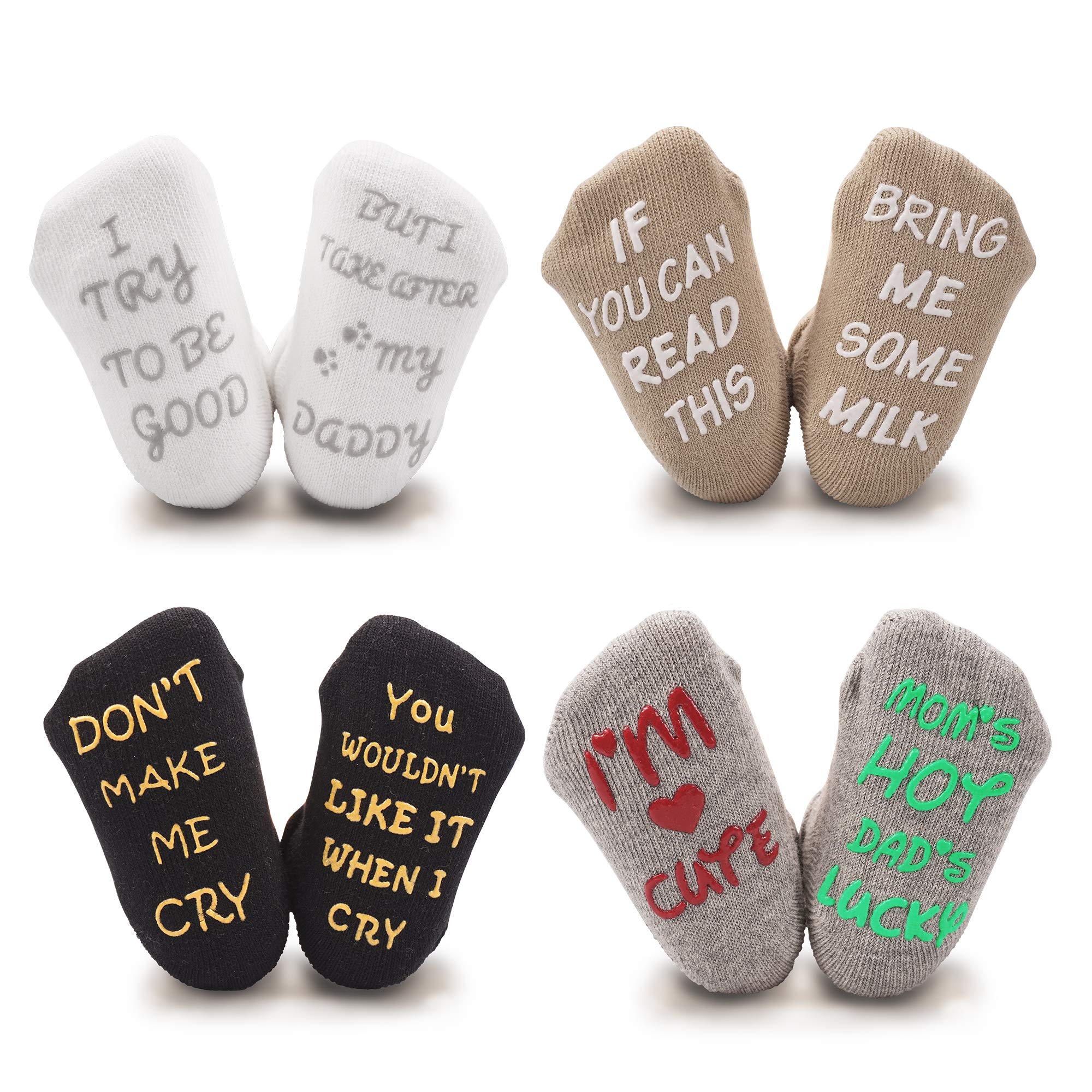 CozyWay Baby Socks Unique Baby Shower Gifts Newborn Present 4 Pairs Anti-skid Quote Funny Socks 0-12 Months