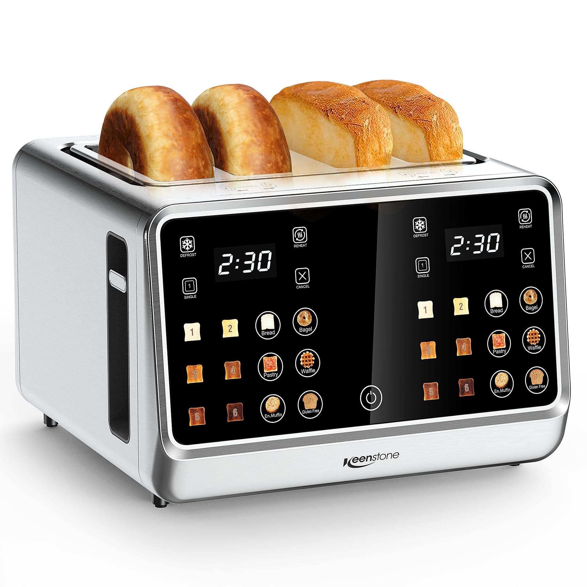 Tostadora Keenstone de 4 rebanadas, tostadora digital inteligente con pantalla táctil, panel de control dual, tostado de una sola ranura, temporizador, recalentar y descongelar para bagels, pan, gofres, elementos esenciales de cocina de acero inoxidable