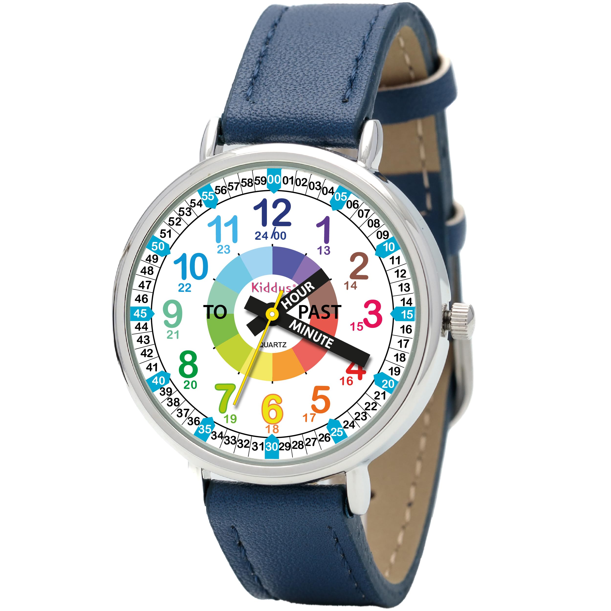 Learning Watch for Kids Boys and Girls Analogue Watch with Time Learning Exercises Time Teacher English PU Leather Blue, English Pu Leather Blue, Strap.