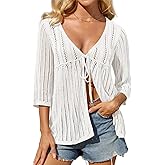 GRACE KARIN Womens Lightweight Crochet Cardigan Tie Front Cardigan 3/4 Sleeve Summer Sweater Kimono Beach Cover Up S-2XL