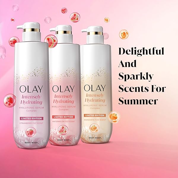 OLAY BODY WASH FOR WOMEN, INTENSELY HYDRATING, PRO-HYALURONIC ACID SERUM COMPLEX, RENEWS MOISTURE, VITAMIN B3 LAMELLER TECHNOLOGY, FOR ALL SKIN TYPES, STRAWBERRY SUMMER FIZZ SCENT, 20 FL OZ