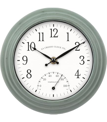 ACURITE 02470 – Rustieke Groene Wandklok Met Thermometer, 21,5 Cm, Weerbestendig, Voor Binnen En Buiten