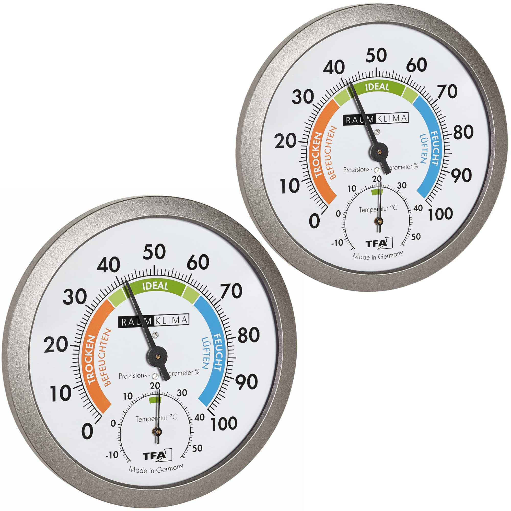 TFA Dostmann Analogue Thermo-Hygrometer, Healthy Indoor Climate, Coloured Comfort Zones, Temperature, Humidity, L 120 x W 37 (68) x H 120 mm, Set of 2