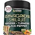 Herbpy Ashwagandha Shilajit for Extra Strength and Stamina, Energy Production, Relaxation, Healthy Mind & Heart - 16100mg with Panax Ginseng, Turmeric Curcumin & Black Pepper - 120 Vegan Capsules