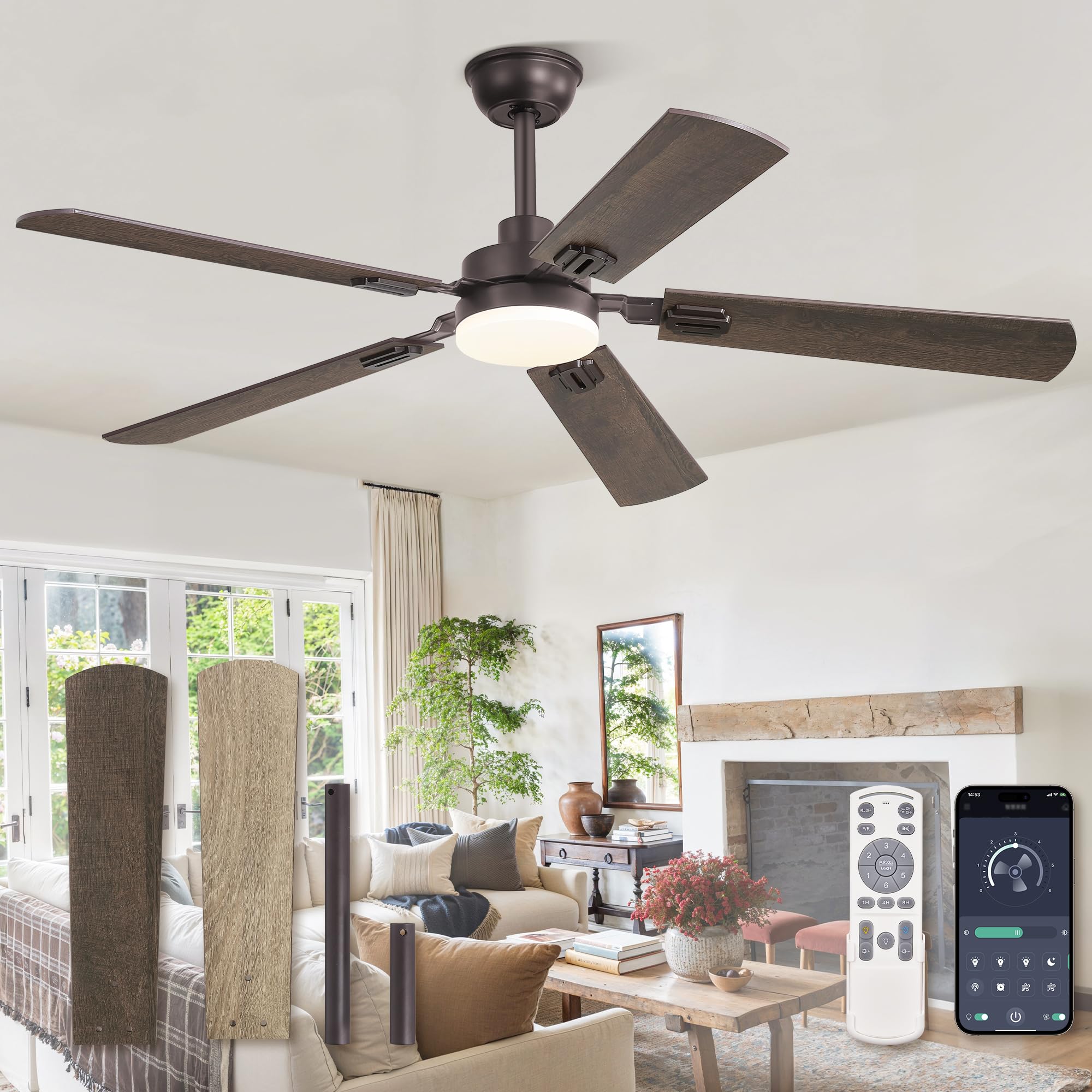 Photo 1 of ZMISHIBO 52" Ceiling Fans with Lights, Oil Bronze Farmhouse Ceiling Fan with Remote, Rustic Indoor Ceiling Fan with Dual Finish Blades, Quiet & Strong Motor, Bright LED Light.
