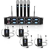 Pyle Professional 8 Channel UHF Wireless Microphone & Receiver System 4 Handheld Mics Belt Packs Transmitters Headsets &Laval