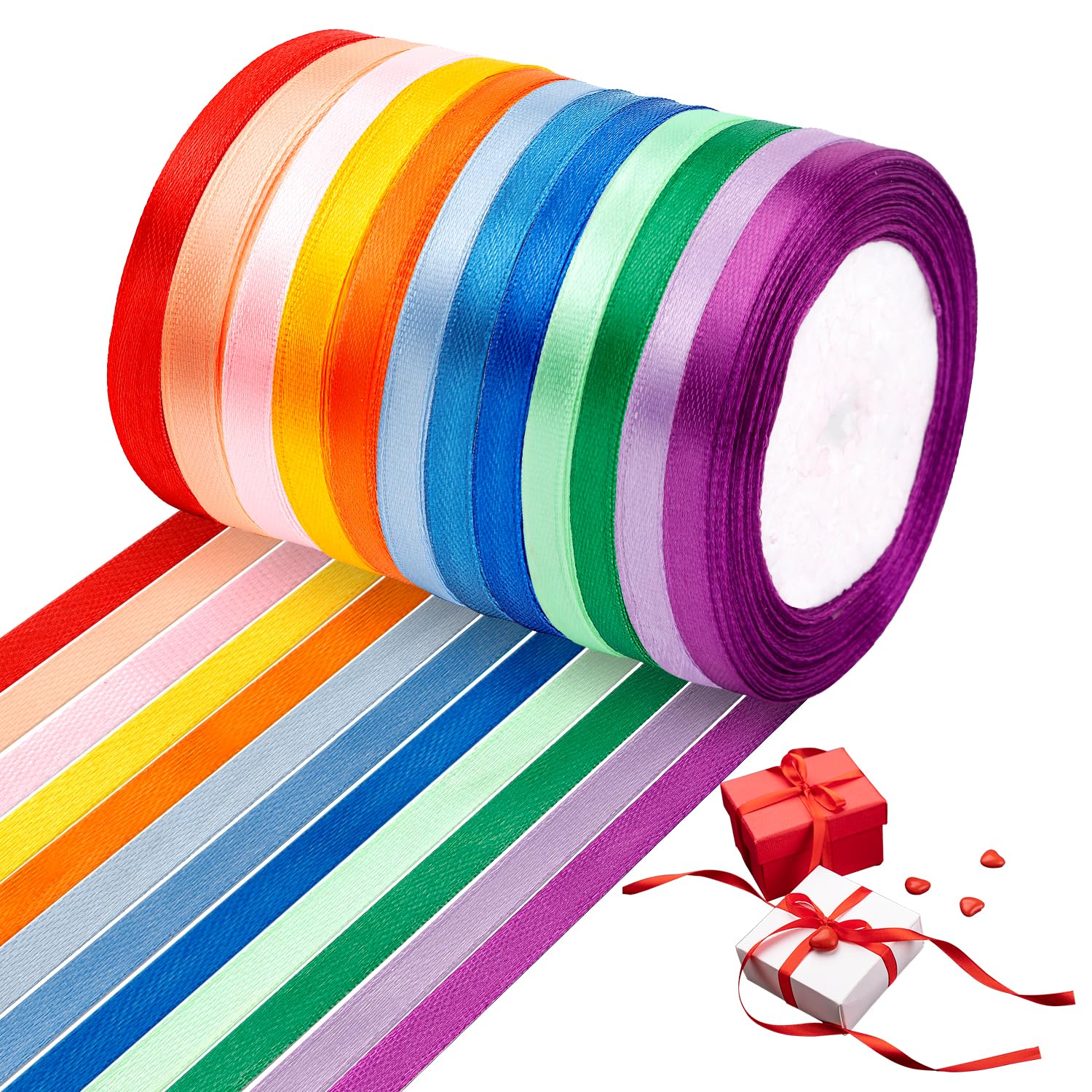Roosea 12 Rolls Satin Ribbons for Gift Wrapping 22M Solid Colors Fabric Ribbon Satin Ribbon 6mm Balloon Ribbon Double Sided Satin Ribbon Rolls for Christmas, Valentine, Hair Bows, Wedding, Party