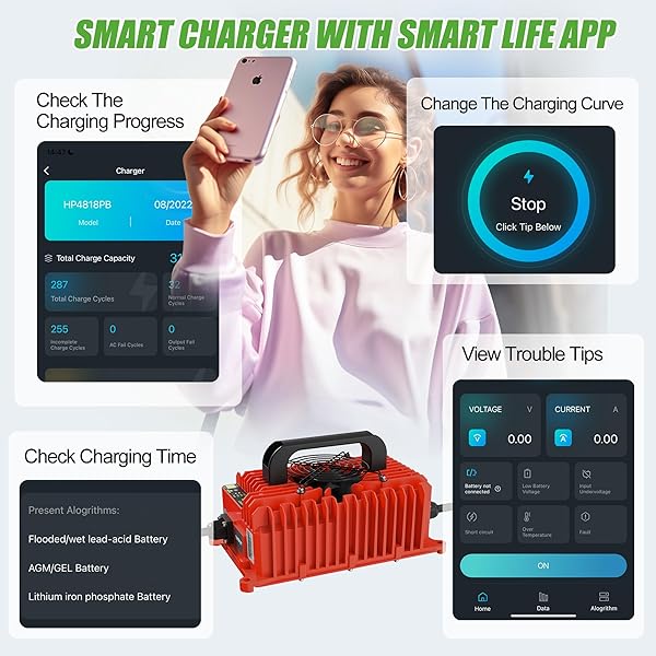 10L0L 15 AMP 48 VOLT GOLF CART BATTERY CHARGER FOR YAMAHA G29 DRIVE & DRIVE 2 WITH 3-PIN LEAF PLUG, IP67 WATERPROOF SMART GOLF CART BATTERY CHARGER – RED
