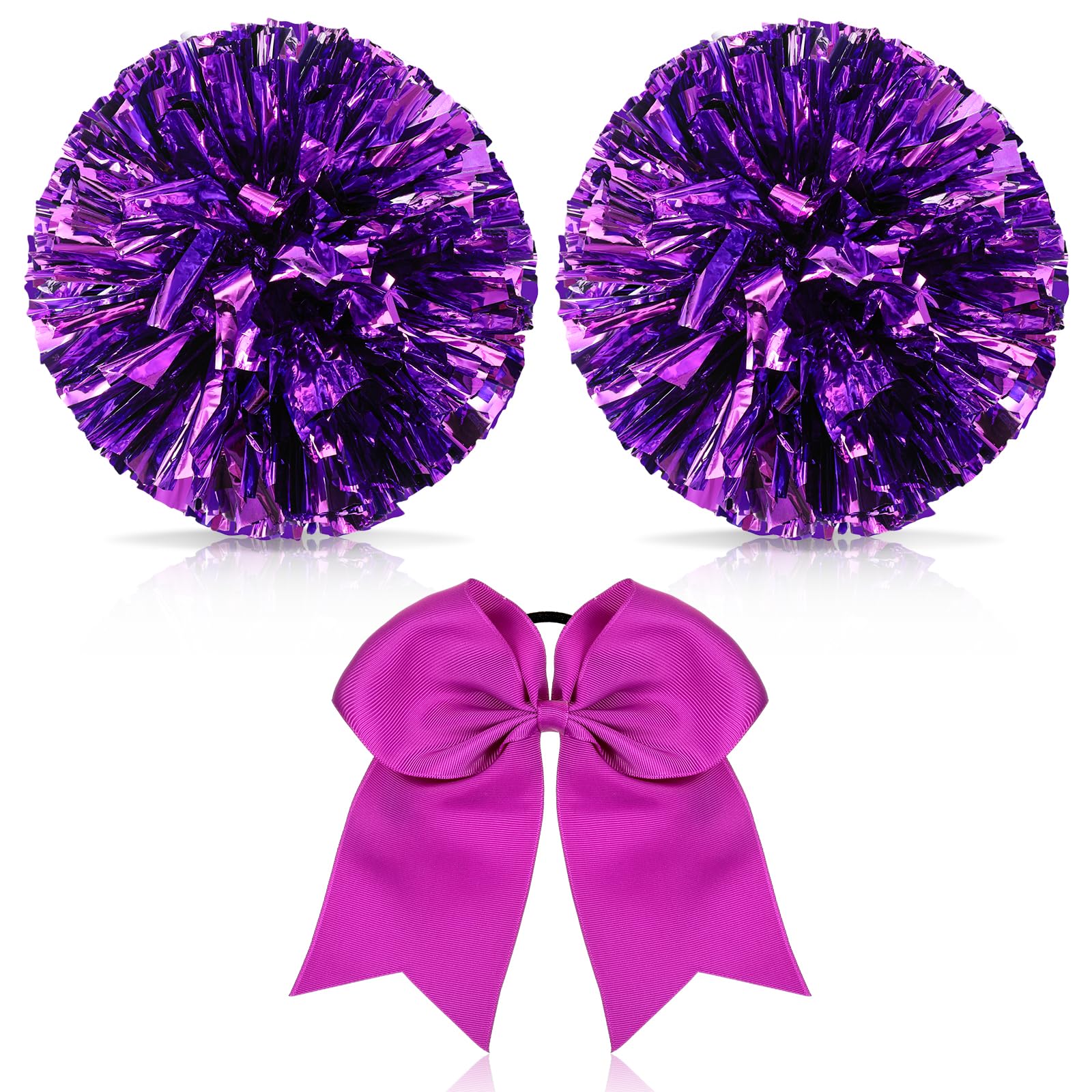 Photo 1 of Hanaive 3 Pcs Cheerleading Pom Poms and Large Cheerleader Hair Bow Metallic Cheer Supplies for Team Spirit Sports Dance Cheering(Purple Pom,Classic Style)