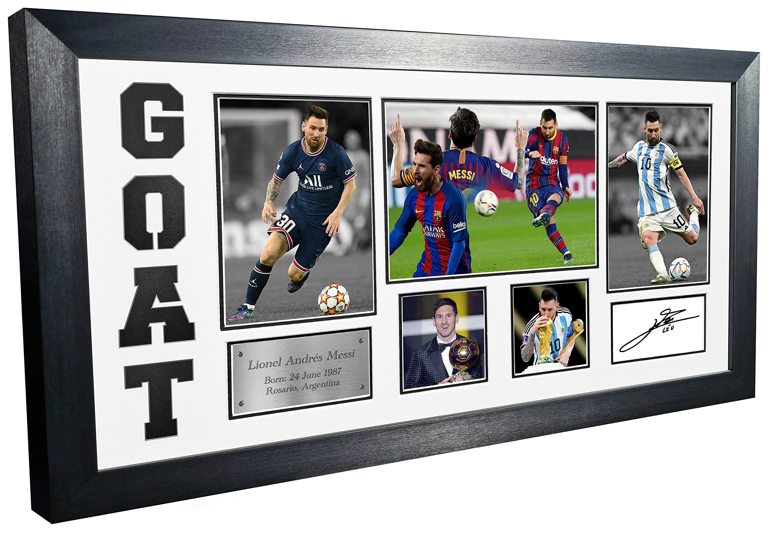Lionel Messi GOAT Black or White Mount Barcelona PSG Paris Saint-Germain Argentina Signed Autographed Photo Photograph Picture Frame Football Soccer Poster Gift (Off White Mount)