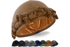 Babalet Halo Turban for Men Women Satin Lined Durag Head Wraps Skull Cap Pre-Tied Tassels Braid Beanie Vintage Twist Bonnet