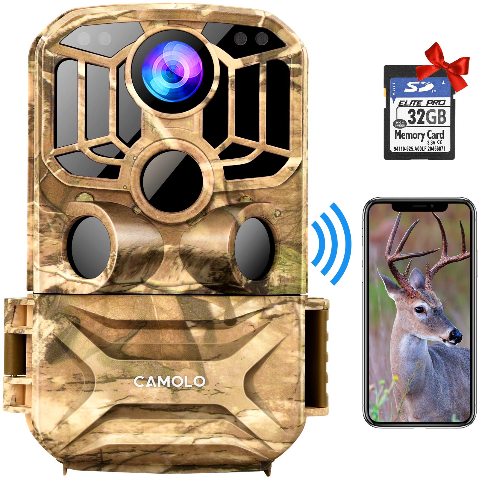 CAMOLO WIFI Wildlife Camera 24MP 1296P with 32GB SD Card, Trail Camera with 140° Wide Angle 0.2s Trigger Speed Wildlife Camera with Night Vision Motion Activated IP67 Waterproof and 2.0” LCD IR LEDs