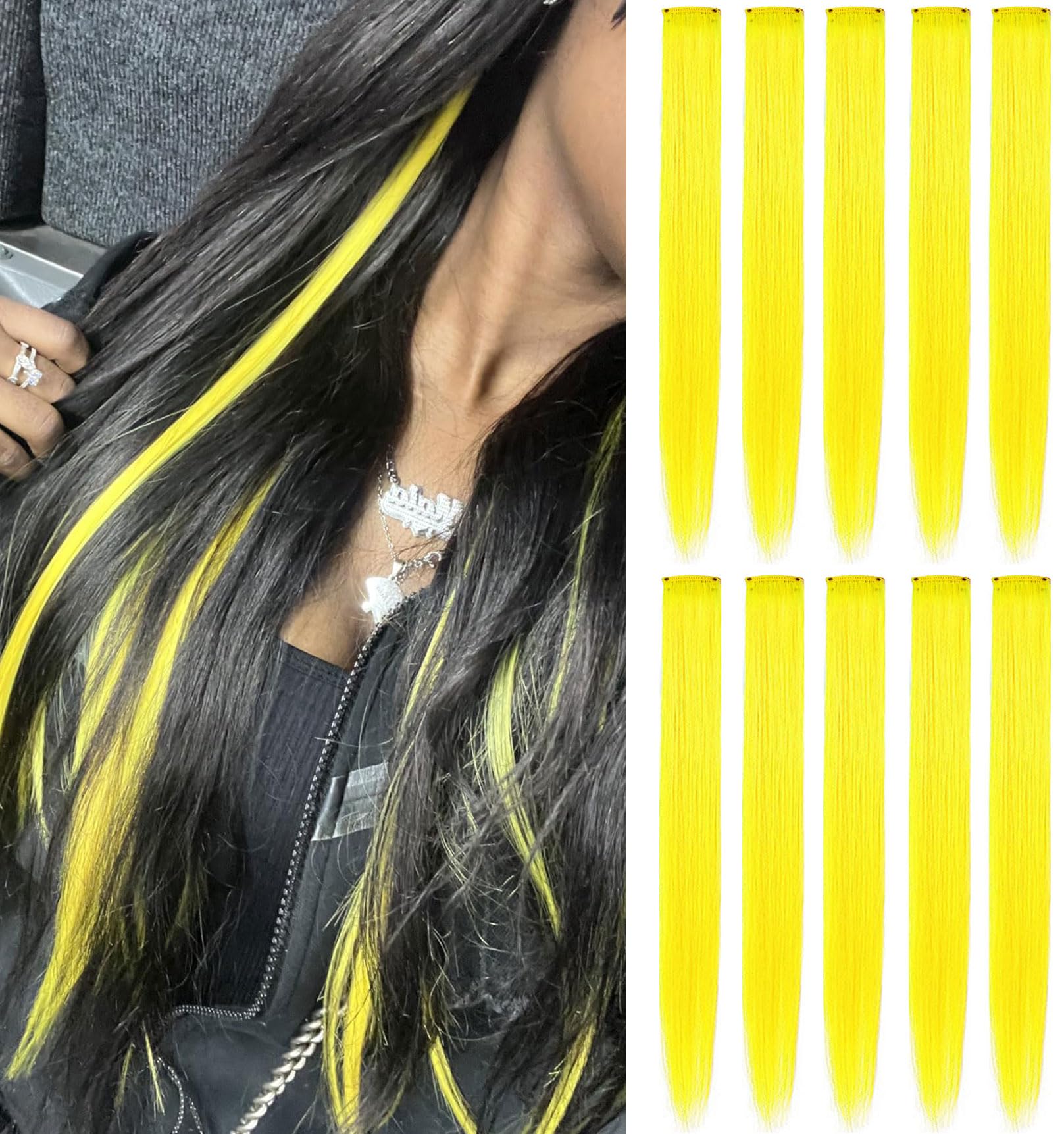 IAMERUI Multicolors Party Highlights Straight Hair Colorful Clip in Synthetic Hair Extensions in Multi Colors Heat Resistant Long Hairpiece 9 Pieces (Yellow)
