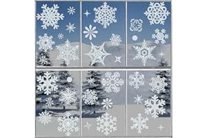 AhfuLife 93Pcs Glitter Snowflake Christmas Window Clings Decorations, Large Sliver Glitter Snowflake Window Decals for Christ