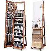 CHARMAID Jewelry Cabinet Armoire with Wheels, 64" H Full Length Mirror, 3-Color LED Lights, Height Adjustable Shelves, Lockable Standing Jewelry Organizer with Back Storage Shelves (Walnut)