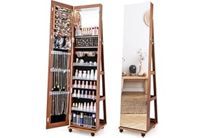 CHARMAID Jewelry Cabinet Armoire with Wheels, 64" H Full Length Mirror, 3-Color LED Lights, Height Adjustable Shelves, Lockable Standing Jewelry Organizer with Back Storage Shelves (Walnut)