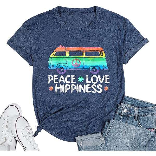 Peace Love Hippie T-Shirt For Women - Vintage Graphic Tee With Hippy Bus Design, Soft Short Sleeve Top In Green