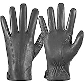 QOF Winter Genuine Leather Gloves for Men, Cashmere Warm Lined Finger Touchscreen Texting Driving Gloves
