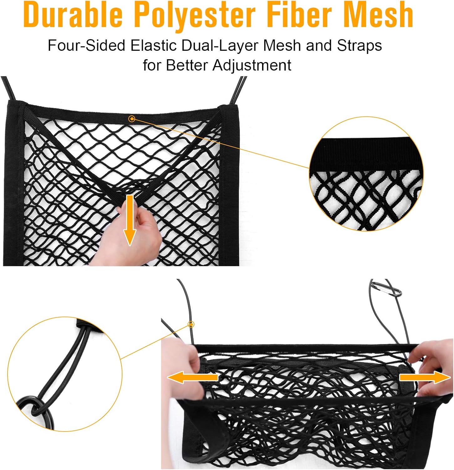 rabbitgoo Dog Car Net Barrier, 13.98" × 15.55", Metal Hooks & Stretchable Mesh Obstacle, Back Seat Net Organizer, Design for Pet Disturb Stopper & Storage Pouch, Drive Safely with Children & Pets : Pet Supplies