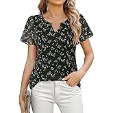 Furnex Women's Short Sleeve Floral Tops Double Layers Chiffon Blouses Office Work Shirts