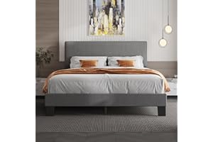 Lifezone Queen Bed Frame with Headboard,Linen Upholstered Bed Frame with Wood Slats Support,No Box Spring Needed,Heavy Duty Feet,Easy Assembly,Light Grey