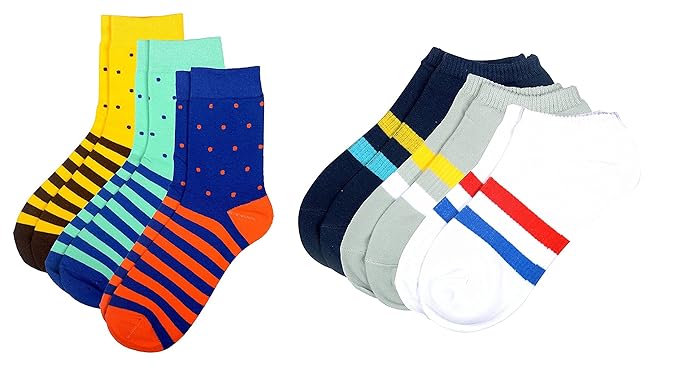 Winza Mens Mid-calf Length & Ankle Cotton Socks (Multi-Coloured, Set of 6)