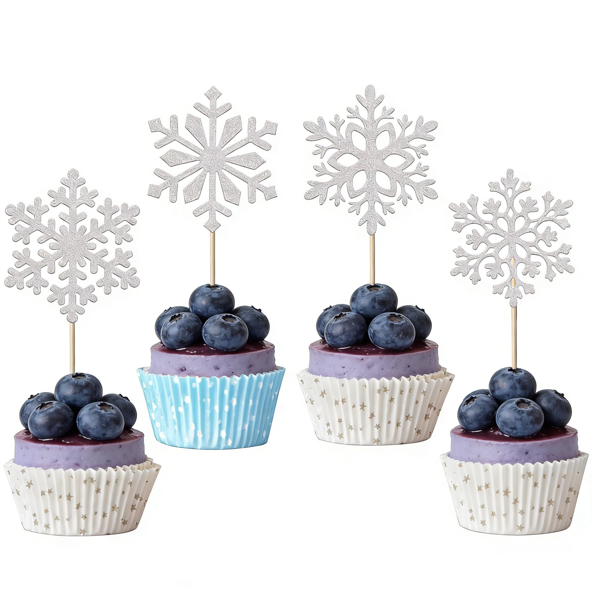 Xsstarmi 24 Pack Snowflake Cupcake Toppers Glitter Winter Frozen Snowflake Cupcake Picks for Baby Shower Kids Birthday Christmas Party Cake Decorations Supplies Silver