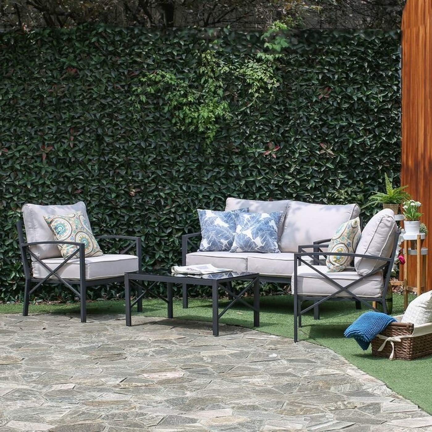 Creative Living 4 Piece Patio Furniture Conversation Set Northwind All Weather Outdoor Loveseat Sofa 2 Chairs Table w/Cushions, Beige, Begie : Garden & Outdoor